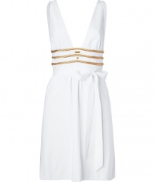 Add stylish drama to your cocktail look with this stunning dress from Azzaro - Deep V-neck and back, fitted waist with gold band detailing, full wrap skirt - Wear with gold-tone platform pumps, a studded clutch, and layered necklaces