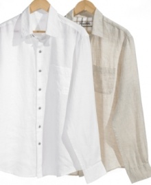 In lightweight linen, this Tasso Elba shirt takes your wardrobe on a permanent vacation. In lightweight linen, this Tasso Elba shirt takes your wardrobe on a permanent vacation.