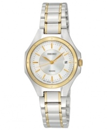 Graceful gold tone accents adorn the classic styling of this stunning Seiko timepiece. Graceful gold tone accents adorn the classic styling of this stunning Seiko timepiece.