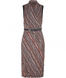 Elegant dress in fine rayon-wool blend - From the Italian luxury brand Missoni - Stylish in saffron and truffle brown with glamorous Lurex detailing - The silhouette is slim and feminine, with a winding neckline, figure-flattering waist belt and pencil skirt - Favorite dress for business, finer daytime events, and dinner parties - Try with pumps or boots and a blazer or cardigan Elegant dress in fine rayon-wool blend - From the Italian luxury brand Missoni - Stylish in saffron and truffle brown with glamorous Lurex detailing - The silhouette is slim and feminine, with a winding neckline, figure-flattering waist belt and pencil skirt - Favorite dress for business, finer daytime events, and dinner parties - Try with pumps or boots and a blazer or cardigan
