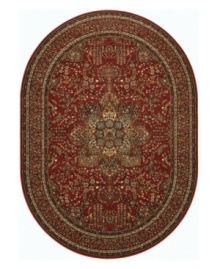 With regal designs that pay homage to the ancient art of rug-making, this piece imparts a classic, yet modern feel with rich colors that reflect the most popular looks of today. Featuring a dramatic center medallion, sweeping out in a burst of branches and blossoms, and accented in deep tones of antique red. Meticulous power-loom construction with Couristan's patented locked-in-weave and crystal-point finish. 25-year limited warranty. With regal designs that pay homage to the ancient art of rug-making, this piece imparts a classic, yet modern feel with rich colors that reflect the most popular looks of today. Featuring a dramatic center medallion, sweeping out in a burst of branches and blossoms, and accented in deep tones of antique red. Meticulous power-loom construction with Couristan's patented locked-in-weave and crystal-point finish. 25-year limited warranty.