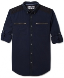 Give your shirt collection a kick with this modern colorblocked button down by DKNY Jeans.