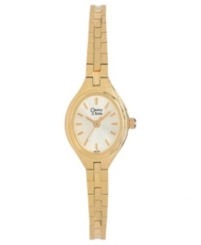 A sleek style for every day. This Caravelle by Bulova watch features a goldtone mixed metal bracelet and oval-shaped case. White dial with logo, goldtone stick markers and three hands. Quartz movement. Water resistant to 30 meters. Three-year limited warranty. A sleek style for every day. This Caravelle by Bulova watch features a goldtone mixed metal bracelet and oval-shaped case. White dial with logo, goldtone stick markers and three hands. Quartz movement. Water resistant to 30 meters. Three-year limited warranty.