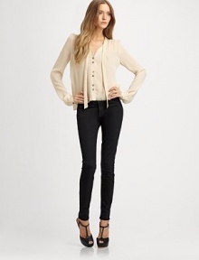 Gorgeous matte silk in a billowing tie-front silhouette.Tie-front collarV necklineGathered sleevesButton-down placketGathered back below yokeSilkDry cleanImported Gorgeous matte silk in a billowing tie-front silhouette.Tie-front collarV necklineGathered sleevesButton-down placketGathered back below yokeSilkDry cleanImported