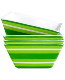 The Cellar's square cereal bowls are a surefire summer favorite and year-round hit with kids with stripes of green and white in fuss-free melamine. The Cellar's square cereal bowls are a surefire summer favorite and year-round hit with kids with stripes of green and white in fuss-free melamine.