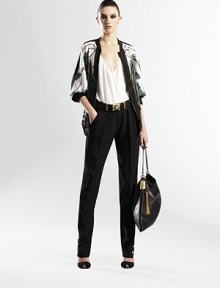 This soft silk blouson bomber is patterned with a horse string print.Rib-knit collar, cuffs, and hemlineZip frontThree-quarter sleevesSilkDry cleanMade in ItalyModel shown is 5'11 (180cm) wearing US size 4. This soft silk blouson bomber is patterned with a horse string print.Rib-knit collar, cuffs, and hemlineZip frontThree-quarter sleevesSilkDry cleanMade in ItalyModel shown is 5'11 (180cm) wearing US size 4.