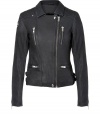The forever favorite biker jacket gets a cool modern redux in Iros ultra chic matte finish version - Spread collar, long sleeves, zippered cuffs, off-center front zip, zippered pockets, buckled side straps, patches at shoulder - Tailored slim fit - Wear with favorite tees and jeans, or contrast with cocktail sheaths and streamlined accessories