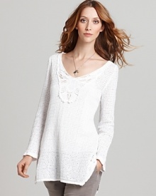 Luxe lace accents team with comfy slub cotton to create this effortless XCVI tunic, infusing your casual look with carefree elegance.