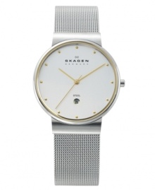 When style perfectly melds with function. This Skagen Denmark timepiece features a signature silvertone stainless steel mesh bracelet and case with a goldtone bezel, markers, and dots-- all contrasted on a white dial with a date window. Three-hand, quartz movement. Water resistant to 30 meters. When style perfectly melds with function. This Skagen Denmark timepiece features a signature silvertone stainless steel mesh bracelet and case with a goldtone bezel, markers, and dots-- all contrasted on a white dial with a date window. Three-hand, quartz movement. Water resistant to 30 meters.
