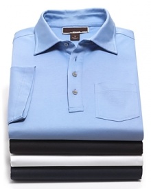 Liquid jersey cotton knit short sleeved polo. Four-logo button placket. Liquid jersey cotton knit short sleeved polo. Four-logo button placket.