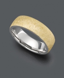 A traditional men's wedding ring with fashionable flair. A two tone setting makes this comfort fit wedding band (7 mm) shine. Crafted in 14k gold and 14k white gold. Size 10. A traditional men's wedding ring with fashionable flair. A two tone setting makes this comfort fit wedding band (7 mm) shine. Crafted in 14k gold and 14k white gold. Size 10.
