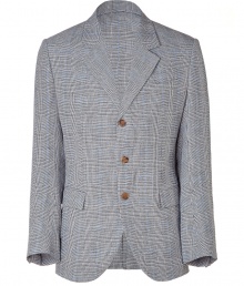 Elegant jacket in black and blue linen, cotton and silk blend - Lightweight and luxurious - Classic Prince of Wales check motif - Slimmer silhouette tapers gently at waist - Single breasted, with three-button closure - Small collar and lapels - Flap pocket detail at front - Back slit - A polished, timelessly cool essential in any wardrobe - Go for a more casual look with straight leg jeans and a t-shirt, or dress up with trousers and a button down Elegant jacket in black and blue linen, cotton and silk blend - Lightweight and luxurious - Classic Prince of Wales check motif - Slimmer silhouette tapers gently at waist - Single breasted, with three-button closure - Small collar and lapels - Flap pocket detail at front - Back slit - A polished, timelessly cool essential in any wardrobe - Go for a more casual look with straight leg jeans and a t-shirt, or dress up with trousers and a button down