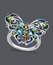 A ring that will flit its way into your heart and your every day wardrobe. Town & Country's intricate butterfly features a sterling silver setting decorated by citrine (1/3 ct. t.w.), pink tourmaline (1/5 ct. t.w.), blue topaz (1/3 ct. t.w.) and peridot (1 ct. t.w.). Size 7. A ring that will flit its way into your heart and your every day wardrobe. Town & Country's intricate butterfly features a sterling silver setting decorated by citrine (1/3 ct. t.w.), pink tourmaline (1/5 ct. t.w.), blue topaz (1/3 ct. t.w.) and peridot (1 ct. t.w.). Size 7.
