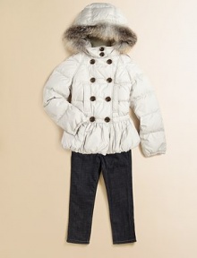 Battle the elements in style in this puffy topper with attached hood, detachable fur trim, double-breasted front button closure and pretty peplum hem for extra coverage and warmth when desired.Attached hood with removable fur trimShoulder epaulettesLong sleeves with elastic cuffsDouble-breasted front button closureFront slash pocketsGathered waistbandPeplum hemGoose down fillFully linedAdditional InformationKid's Apparel Size Guide Battle the elements in style in this puffy topper with attached hood, detachable fur trim, double-breasted front button closure and pretty peplum hem for extra coverage and warmth when desired.Attached hood with removable fur trimShoulder epaulettesLong sleeves with elastic cuffsDouble-breasted front button closureFront slash pocketsGathered waistbandPeplum hemGoose down fillFully linedAdditional InformationKid's Apparel Size Guide