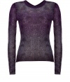 The perfect companion to trend-favorite leather leggings, Theyskens Theorys gauzy knit pullover counts as a modern must-have - Rounded neckline in front, V-neckline in back, raw edges, slightly longer back hemline - Layer over a neon bra top to play up soft lilac and turquoise coloring