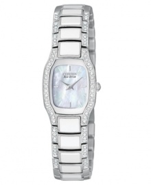 A pristine and clean watch from Citizen, with luxurious elements abound. Silvertone stainless steel bracelet with Swarovski crystal accents and cushion-shaped case. Cushion-shaped mother-of-pearl dial with logo and stick indices. Analog movement. Splash resistant. Five-year warranty.