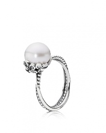 A white freshwater pearl rests in an elegant floral setting while delicately intertwined sterling silver bands complete the sweetly romantic look. Ring by PANDORA.