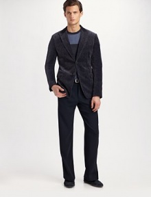 The Monday-to-Friday favorite gets dressed down for the weekend in finely textured, printed velvet. Two-button closure Chest pocket Waist flap pockets Center vent Partially lined About 28¾ from shoulder to hem Cotton Dry clean Imported The Monday-to-Friday favorite gets dressed down for the weekend in finely textured, printed velvet. Two-button closure Chest pocket Waist flap pockets Center vent Partially lined About 28¾ from shoulder to hem Cotton Dry clean Imported
