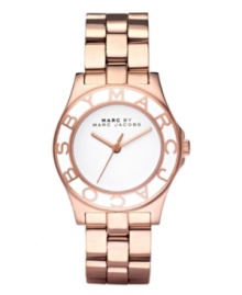 Minimalism wins on this Blade watch featuring a numberless dial. By Marc by Marc Jacobs. Rose-gold ion-plated stainless steel bracelet and round case. White enamel bezel with rose-gold text logo. White dial features three rose-gold tone hands and black logo. Quartz movement. Water resistant to 30 meters. Two-year limited warranty.