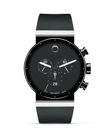 Men's Movado Sapphire Synergy™ bezel-free stainless steel case which features a black PVD finish and sleek case extensions that angle back for comfort.