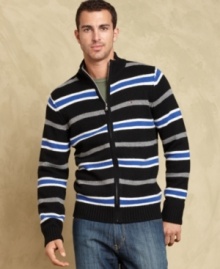 Stripes add attention grabbing detail to this classic full zip sweater from Tommy Hilfiger.