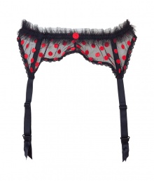 Get the sultry glamorous look of a vintage 1950s pin up girl in Von Follies by Dita Von Teeses black mesh suspender belt, detailed with ruffled trim and fun red embroidered dots - perfect for giving as a saucy holiday gift! - Embroidered red dots on front, sheer black ruffled mesh trim, dotted mesh back, scalloped lace trim, adjustable back hook-and-eye closures, satin garter straps with clips - Wear with the matching balconette bra and silk stockings for a seriously seductive look Get the sultry glamorous look of a vintage 1950s pin up girl in Von Follies by Dita Von Teeses black mesh suspender belt, detailed with ruffled trim and fun red embroidered dots - perfect for giving as a saucy holiday gift! - Embroidered red dots on front, sheer black ruffled mesh trim, dotted mesh back, scalloped lace trim, adjustable back hook-and-eye closures, satin garter straps with clips - Wear with the matching balconette bra and silk stockings for a seriously seductive look