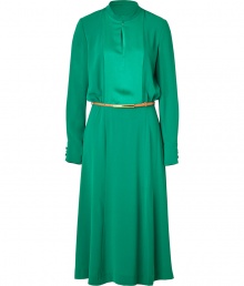 Elegant dress in fine green, synthetic fiber - Narrow blouse top with mini-stand collar, slit neckline and long sleeves and buttoned cuffed - Slightly flared skirt in feminine, trendy mid-length hem - Features decorative gold-colored belt - Pair with boots, platform heels or sandals