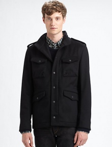 The stylish culmination of flawless tailoring and impeccable virgin wool.Stand collarDetachable hoodEpaulettesButton closureFront zipperWoolDry cleanImported The stylish culmination of flawless tailoring and impeccable virgin wool.Stand collarDetachable hoodEpaulettesButton closureFront zipperWoolDry cleanImported