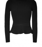 Better than your basic knit, this ultra-feminine sweater from Valentino features a peplum waist and a figure-enhancing fit - Bateau neck, long sleeves, embellished waistband, ruffled peplum - Wear with slim trousers, a pencil skirt, or skinny jeans