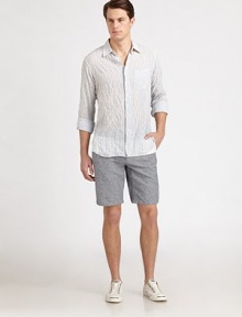 Classic colorblock designs adds dimension and contemporary edge to this tailored short, set in cotton and hemp.Flat-front styleSide slash, back patch pocketsInseam, about 1078% cotton/22% hempMachine washMade in USA Classic colorblock designs adds dimension and contemporary edge to this tailored short, set in cotton and hemp.Flat-front styleSide slash, back patch pocketsInseam, about 1078% cotton/22% hempMachine washMade in USA