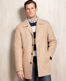 Show off your dapper side with this handsome wool-blend coat from Calvin Klein.