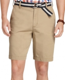 Casual flat front shorts by Izod includes a complementary belt plus it's made from cotton for all day comfort.