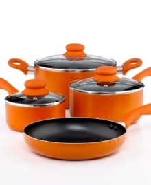 Cook in color! Adding a splash of personality to your kitchen, this aluminum set stocks your space with the very best essentials. A nonstick finish, ergonomic handles, tempered glass lids... and much more make this your go-to for great taste. Cook in color! Adding a splash of personality to your kitchen, this aluminum set stocks your space with the very best essentials. A nonstick finish, ergonomic handles, tempered glass lids... and much more make this your go-to for great taste.