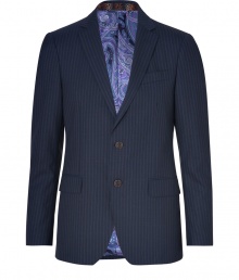 Sharpen up your tailored business look in Etros paisley-lined pinstripe blazer - Notched lapels, two-button closure, flap pockets at waist, dual back vent, paisley lining - Slim fit - Style with matching pants, a printed button-down, and oxfords Sharpen up your tailored business look in Etros paisley-lined pinstripe blazer - Notched lapels, two-button closure, flap pockets at waist, dual back vent, paisley lining - Slim fit - Style with matching pants, a printed button-down, and oxfords
