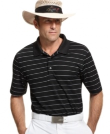 Master those eighteen holes in first class style with this striped performance polo from Greg Norman for Tasso Elba. Master those eighteen holes in first class style with this striped performance polo from Greg Norman for Tasso Elba.
