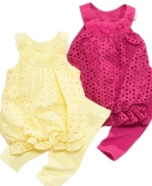 She'll put a twinkle in anyone's eye when they see her in this lovely eyelet tunic and leggings set from Bonnie Baby. She'll put a twinkle in anyone's eye when they see her in this lovely eyelet tunic and leggings set from Bonnie Baby.