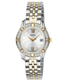 This stunning Seiko watch is embellished with shimmering Swarovski accents and golden tones. This stunning Seiko watch is embellished with shimmering Swarovski accents and golden tones.