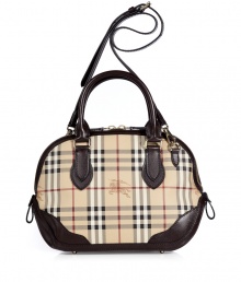 Detailed in a logo check with sleek chocolate leather trim, Burberry Londons small bowling bag is an iconic multi-season must-have - Double top handles, removable buckled shoulder strap, two-way top zip, gold-toned logo hardware, inside back wall zippered pocket, two front wall slot pockets, protective feet - Carry as a sophisticated compliment to polished daytime looks Detailed in a logo check with sleek chocolate leather trim, Burberry Londons small bowling bag is an iconic multi-season must-have - Double top handles, removable buckled shoulder strap, two-way top zip, gold-toned logo hardware, inside back wall zippered pocket, two front wall slot pockets, protective feet - Carry as a sophisticated compliment to polished daytime looks