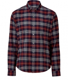 Super on-trend crimson and navy brick plaid shirt -Get the of-the-moment look in this stylish plaid button-down - Small smart collar with a modern-cut silhouette - Wear with a chunky wool cardigan, jeans, a motorcycle boots for downtown-ready casual - Pair with a blazer, chinos, and oxfords