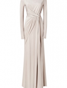 Elegance and modern style merge in this ultra-luxe jersey gown from celeb-favorite designer Elie Saab - Round-neckline, long sleeves, draped bodice, knotted waist detail, floor-length skirt, hidden back zip, side slit - Softly tailored fit - Pair with sky-high platform pumps and a jewel-encrusted clutch