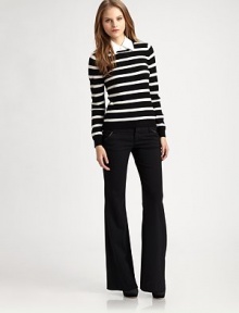 Bold stripes give the right graphic punch to this soft, stretch-wool pullover, styled with a mock point collar that embrace's Alice + Olivia's sophisticated yet always playful attitude.Long sleevesRibbed trimPullover styleBody: 85% wool/15% spandex; trim: cottonDry cleanImported of Italian fabricModel shown is 5'8½ (174cm) wearing US size Small.