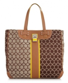 Carry this sleek Nine West Tote and you'll understand what it means to feel like you're on cloud 9. A signature 9 print covers this totable shape while a fun stipe of color and shiny silver-tone hardware add fun-loving accents. Carry this sleek Nine West Tote and you'll understand what it means to feel like you're on cloud 9. A signature 9 print covers this totable shape while a fun stipe of color and shiny silver-tone hardware add fun-loving accents.