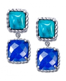 Cool colors create the perfect look on these punch-bright drop earrings. Set in sterling silver, faceted, square-cut turquoise (3-9/10 ct. t.w.) and lapis (7-9/10 ct. t.w.) set the perfect mood. Approximate drop: 1 inch. Approximate width: 1/2 inch.