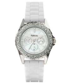 Keep the mood light with this bright and crisp watch by Style&co. White silicone strap and round silver tone mixed metal case. Bezel embellished with crystal accents. Mother-of-pearl dial features stick indices, minute track, three multifunctional subdials, three hands and logo. Quartz movement. Two-year limited warranty. Keep the mood light with this bright and crisp watch by Style&co. White silicone strap and round silver tone mixed metal case. Bezel embellished with crystal accents. Mother-of-pearl dial features stick indices, minute track, three multifunctional subdials, three hands and logo. Quartz movement. Two-year limited warranty.