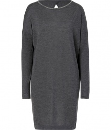 Minimalist and exquisitely chic, Brunello Cucinellis cashmere-silk dress is an elegant choice for contemporary looks - Rounded embellished neckline, long sleeves, dropped shoulders, wrapped neckline at nape with cut-out - Easy O-shaped silhouette - Pair with flawless flats and a dusting of metallic accessories