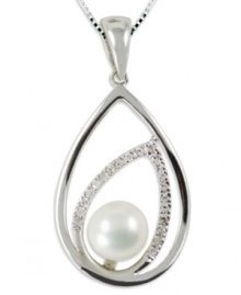 Shapely chic. This sterling silver necklace dazzles with a double teardrop pendant that features round-cut diamonds (1/10 ct. t.w.) and a cultured freshwater pearl (7-8 mm) for a classic touch. Approximate length: 18 inches. Approximate drop length: 1-1/3 inches. Approximate drop width: 5/8 inch. Shapely chic. This sterling silver necklace dazzles with a double teardrop pendant that features round-cut diamonds (1/10 ct. t.w.) and a cultured freshwater pearl (7-8 mm) for a classic touch. Approximate length: 18 inches. Approximate drop length: 1-1/3 inches. Approximate drop width: 5/8 inch.