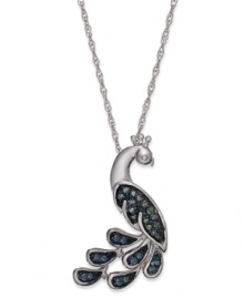 When it comes to your personal style, stand proud. This pendant, set in sterling silver, is radiant with blue and green diamond accents (1/10 ct. t.w.) capturing the look of one of nature's most beautiful creatures. Approximate length: 18 inches. Approximate drop: 1 inch. When it comes to your personal style, stand proud. This pendant, set in sterling silver, is radiant with blue and green diamond accents (1/10 ct. t.w.) capturing the look of one of nature's most beautiful creatures. Approximate length: 18 inches. Approximate drop: 1 inch.