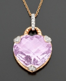 Heartfelt romance. Twinkling round-cut diamonds (1/10 ct. t.w.) light up a heart-shaped cushion-cut pink amethyst (14-3/4 ct. t.w.), set in pretty 14k rose gold with matching chain. Length measures 18 inches. Heartfelt romance. Twinkling round-cut diamonds (1/10 ct. t.w.) light up a heart-shaped cushion-cut pink amethyst (14-3/4 ct. t.w.), set in pretty 14k rose gold with matching chain. Length measures 18 inches.