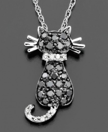 Purr-fectly marvelous! This cat pendant is sparkling with feline splendor. Features round-cut black diamonds (1/3 ct. t.w.) and white diamond accents. Chain and setting crafted in 14k white gold. Approximate length: 16 inches. Approximate drop: 3/4 inch. Purr-fectly marvelous! This cat pendant is sparkling with feline splendor. Features round-cut black diamonds (1/3 ct. t.w.) and white diamond accents. Chain and setting crafted in 14k white gold. Approximate length: 16 inches. Approximate drop: 3/4 inch.