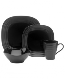 With the look of hand-thrown pottery in hard-wearing stoneware, the Swirl square place setting from Mikasa enhances casual meals with fuss-free elegance. A matte finish with glazed accents adds stylish distinction to sleek black.